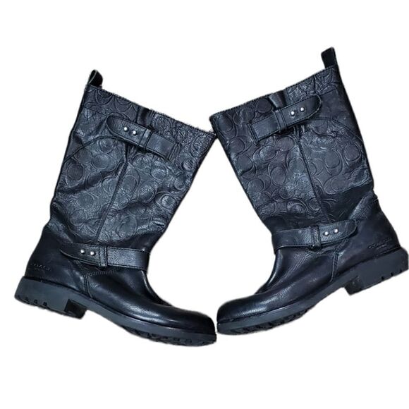 Coach Monogramed Black Leather Moto Boots - Picture 1 of 8